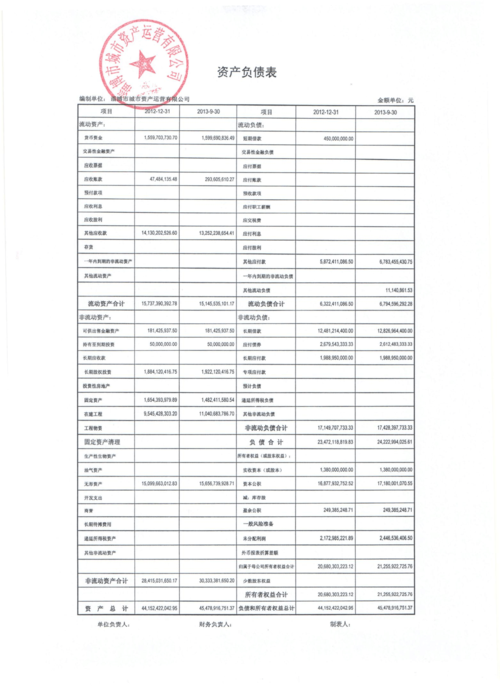 06淄博市城市资产运营2013年三季度母公司财务报表
